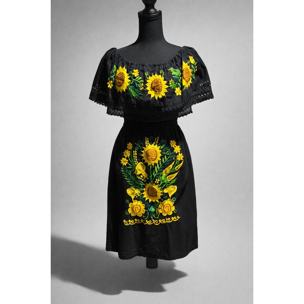 Boho Sunflower Embroidered Mexican Black Off Shoulder Dress S/M - Picture 2 of 4